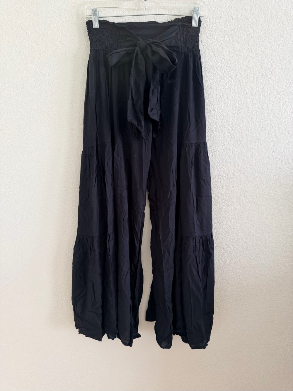 Elan Black Smocked-Waist Wide Leg Pants with Front Tie